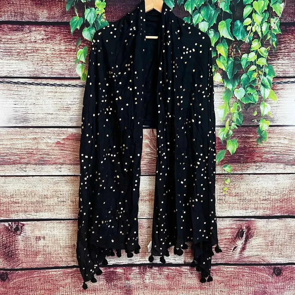 Kate Spade Scarf 74x24 Black Metallic Gold Confetti Polka Dot Pom Pom Shawl NYE